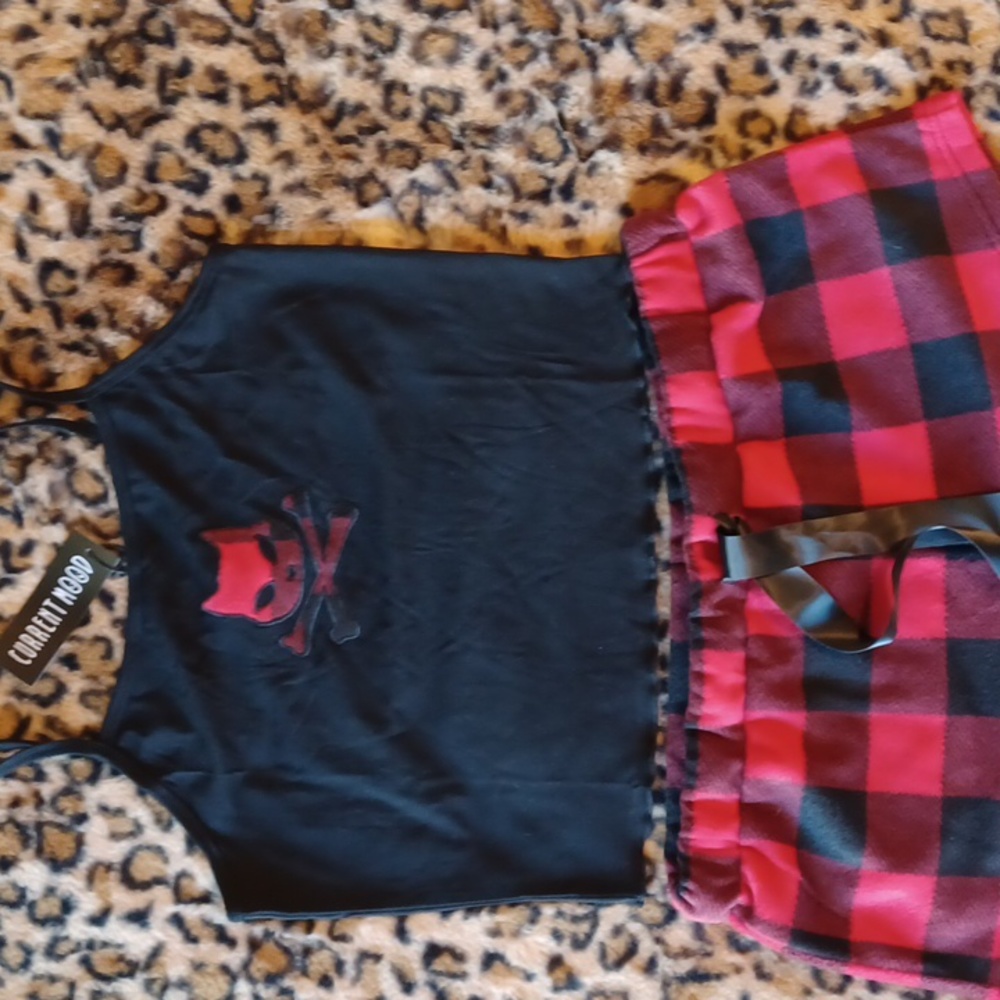 NWT DOLLSKILL XXL CURRENT MOOD RED/BLACK PLAID SHORTS CAT CAMI BLACK SLEEP SET